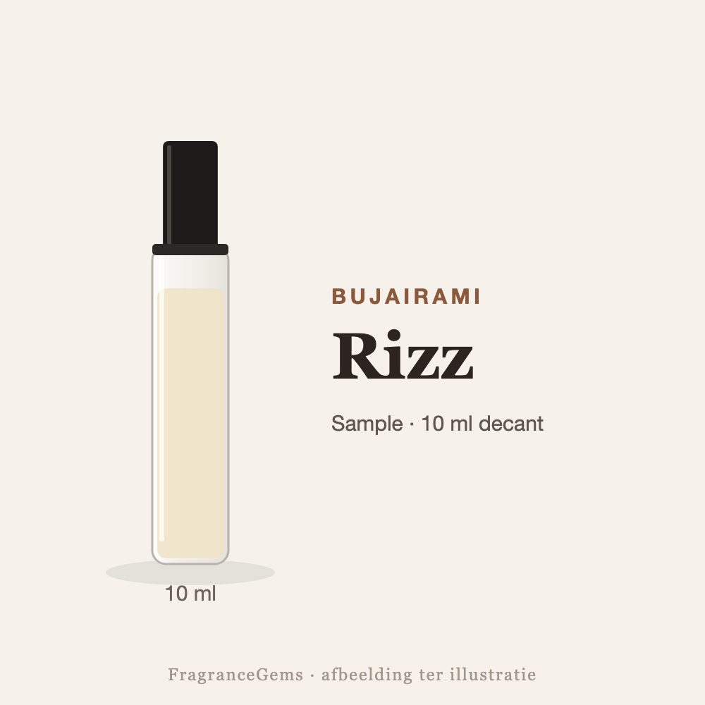 Bujairami Rizz sample – 10 ml decant in glazen sprayflesje