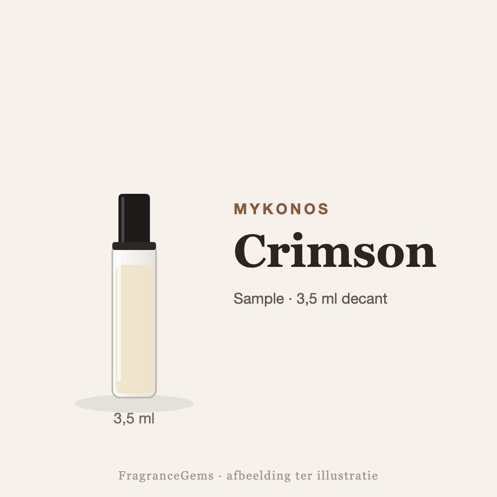 Mykonos Crimson sample – 3,5 ml decant in glazen sprayflesje