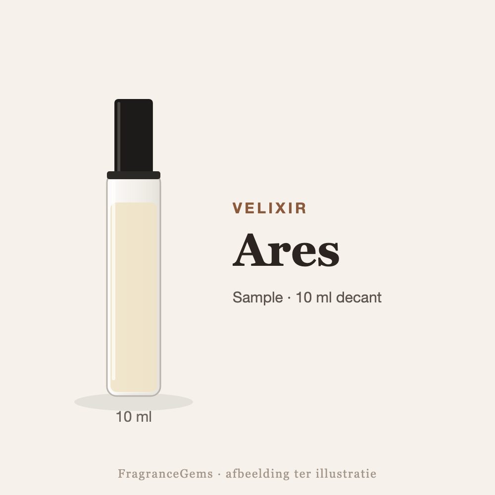 Velixir Ares sample – 10 ml decant in glazen sprayflesje