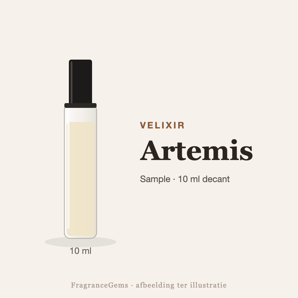 Velixir Artemis sample – 10 ml decant in glazen sprayflesje